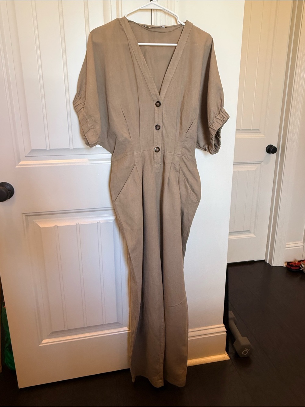 Zara Linen Blend Beige Utility Jumpsuit with Waist Tie - Picture 4 of 6